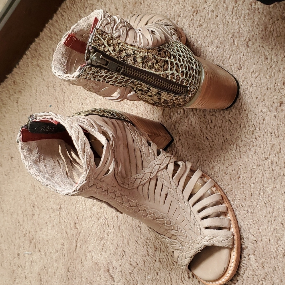 Freebird Bella gladiador heels with zip back snakeskin accent